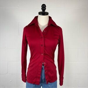 Vintage 70s Red Polyester Knit Blouse Dagger Collar Long Sleeve Glamour Disco XS
